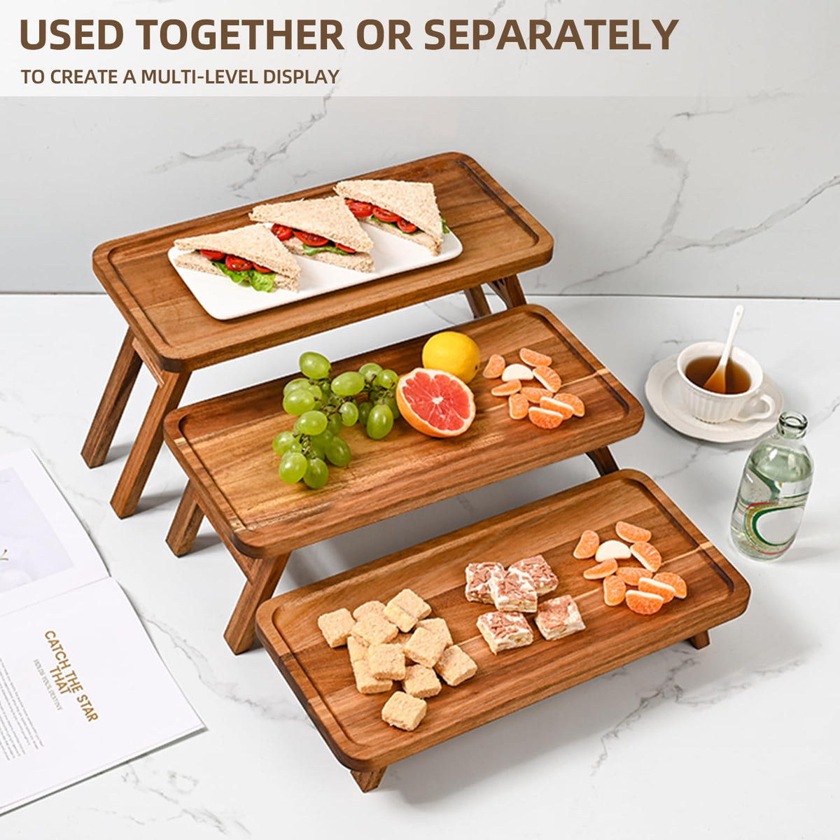 GEHE 3 Tier Serving Tray Acacia Wooden Tiered Tray Stand Foldable Dessert Table Display Set Decor Charcuterie Boards for Party, Birthday, Wedding, Christmas