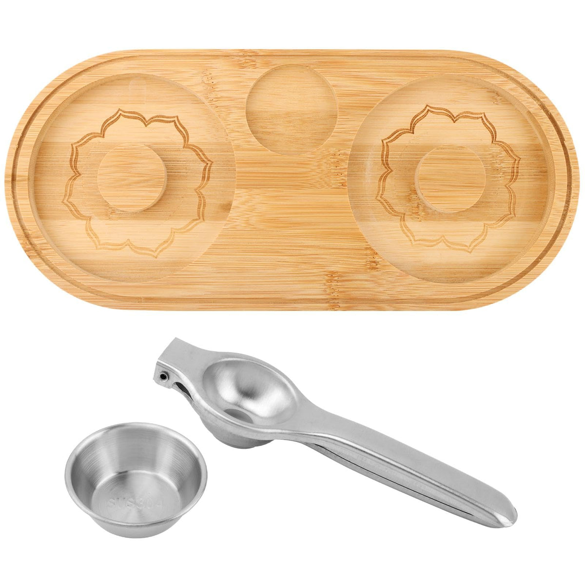 Margarita Salt Rimmer Set, Sugar and Salt Rimmer for Cocktails with Bowl and Lemon Squeezer, Wood Bamboo Salts Rimmers for up to 4.72" Rims, Margarita Kit and Bartender Tool