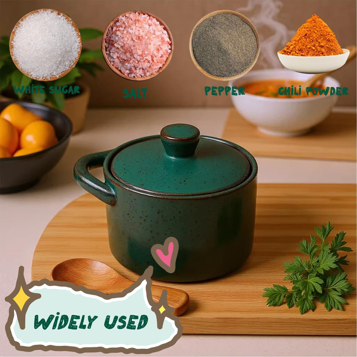 Ntwoiee 8.5 oz Ceramic Salt Cellar with Lid & Wooden Spoon,Countertop Salt Container,Used for kitchen salt, pepper, spices, sugar, candy cans (dark blue)