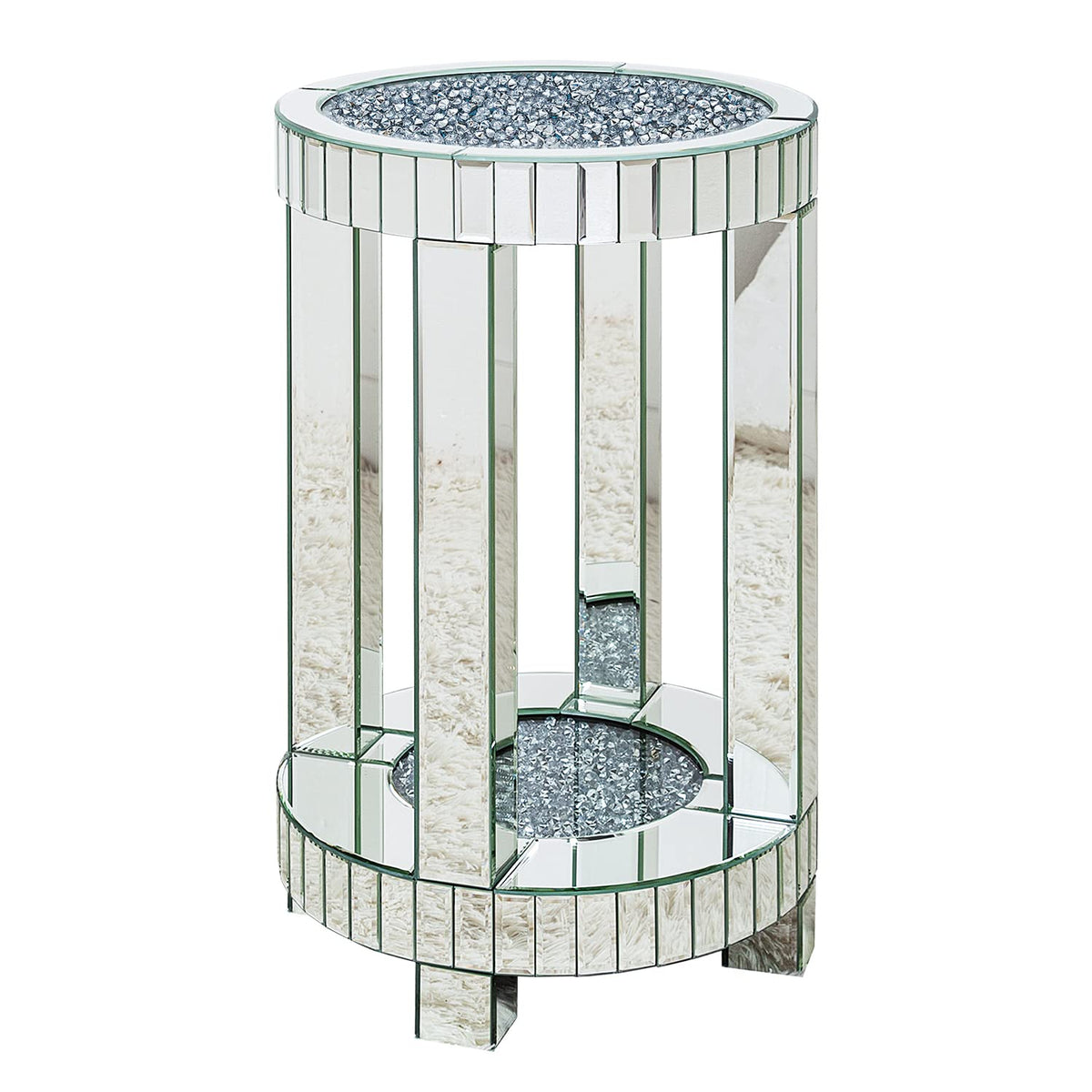 SHYFOY Mirrored Round End Table with Crystals Inlay, 2-Tier Modern Glass Small Sofa Table with Storage, Silver Accent Table for Living Room, Bedroom and Small Spaces