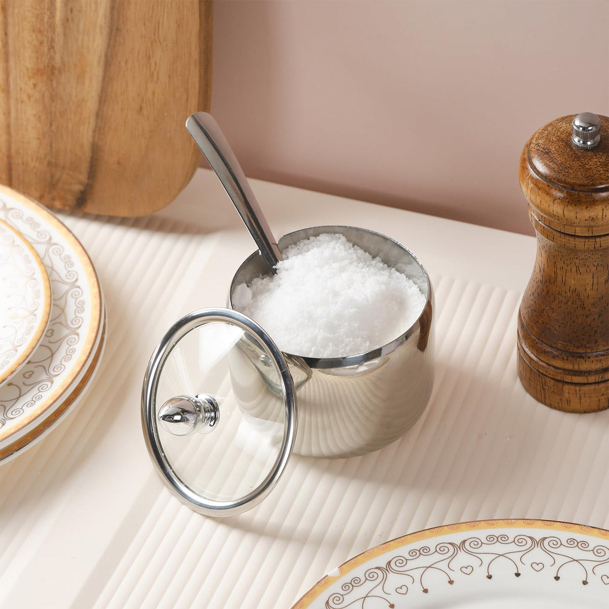 IBWell 10oz Sugar Bowl with Clear Lid and Spoon 2 Pack Silver Coffee Bar Containers for Kitchen Stainless Canister for Seasoning