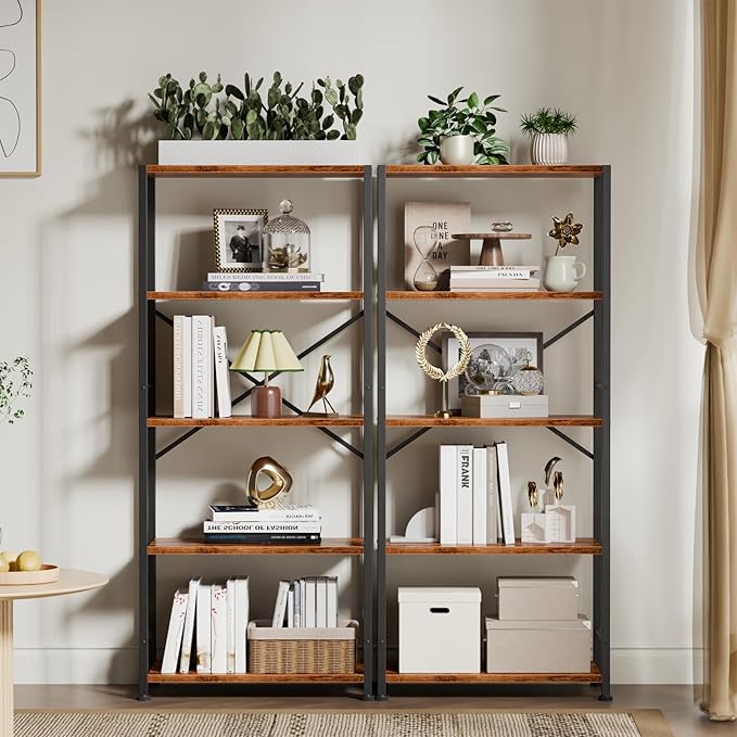 Furologee 5 Tier Book Shelf, Tall Wide Bookshelf, Industrial Open Bookcase