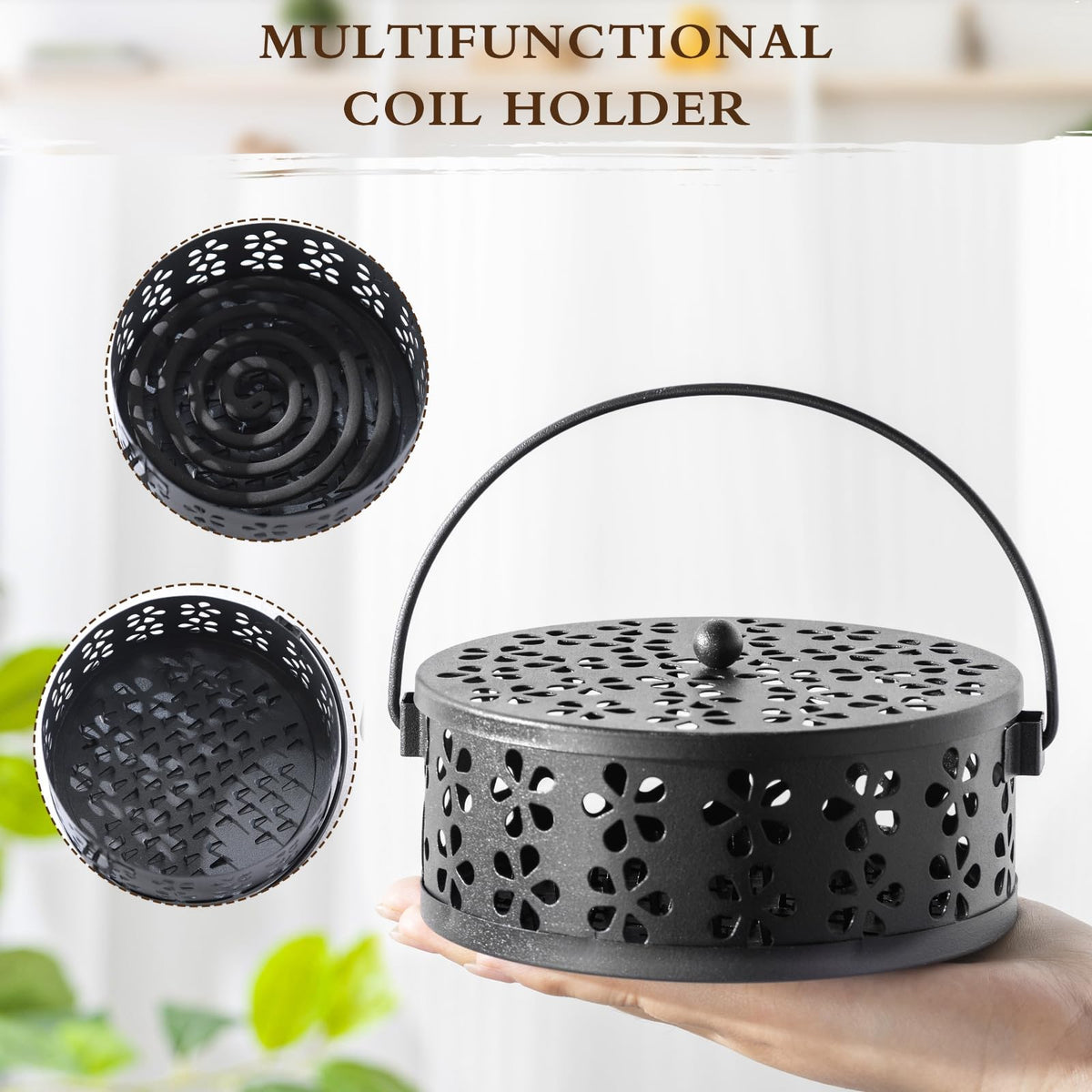 Lallisa 4 Pieces Mosquito Coil Holder Incense Coil Holder Retro Portable Metal Hanging Incense Burner with Handle Round for Home Camping Indoor Outdoor Patio(Black)