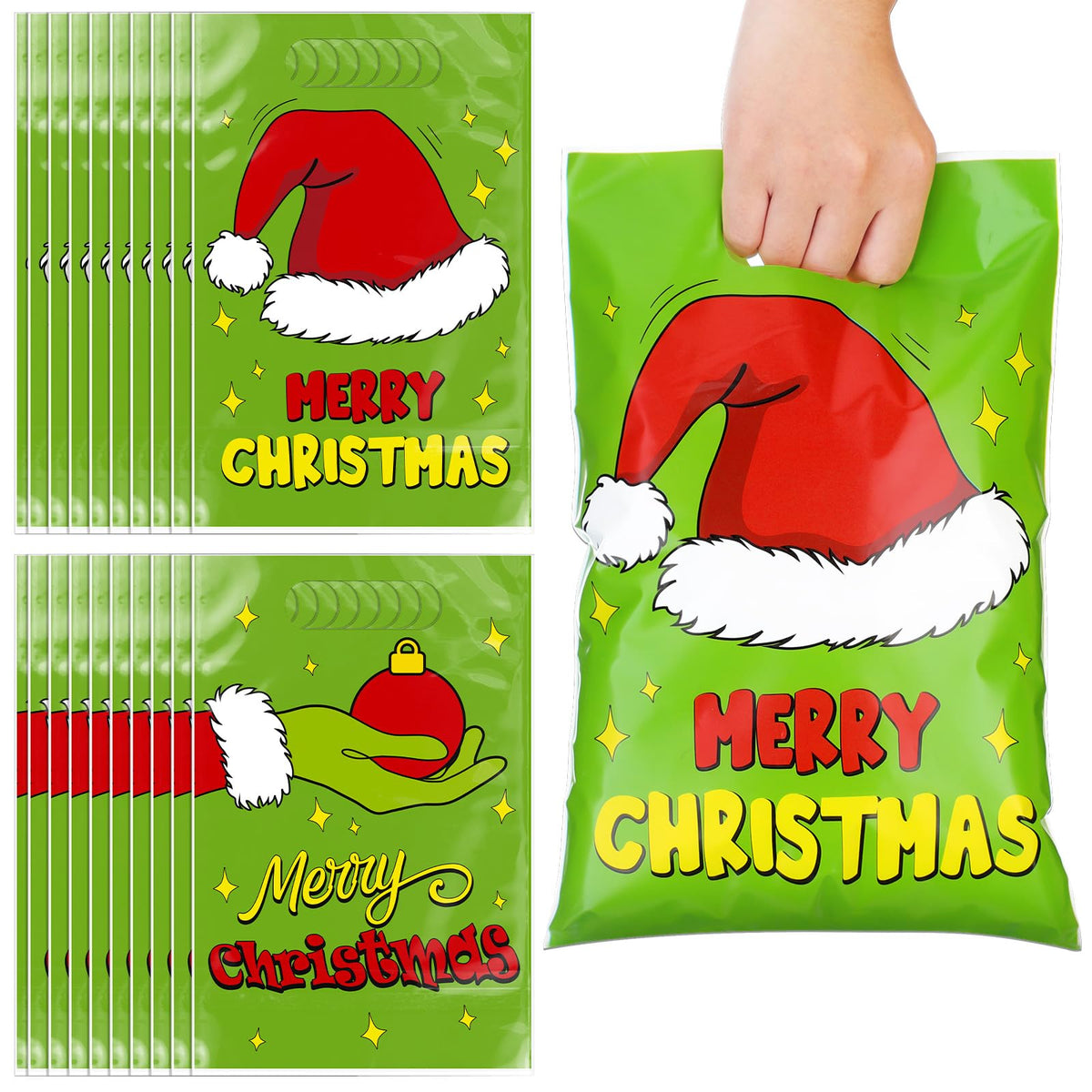 Supervitae 50 Pcs Merry Christmas Gift Bags with Handle Green Elf Xmas Goodie Bags Funny Cartoon Character Candy Bag for Xmas Snack Cookie Packing Party Favors