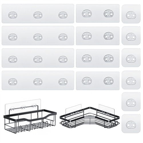 HOREAKHJ 14 Pack Shower Caddy Adhesive Replacement, Strong Adhesive Hooks, Waterproof Shower Adhesive Strips, No Drilling, for Bathroom Storage Shelves and Kitchen Racks