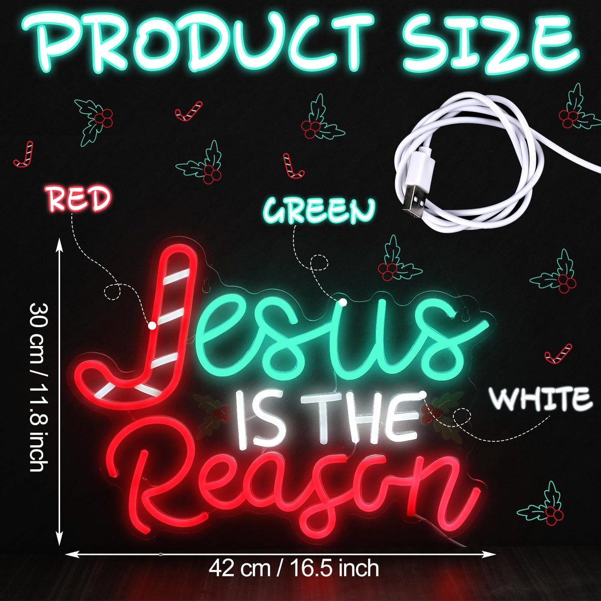 Huquary Jesus Is the Reason Neon Sign Christmas LED Sign Lighted Wall Art Decoration Neon Light USB Powered for Ceremony Party Bar Home Birthday Bible Church Decor Gift(Classic)
