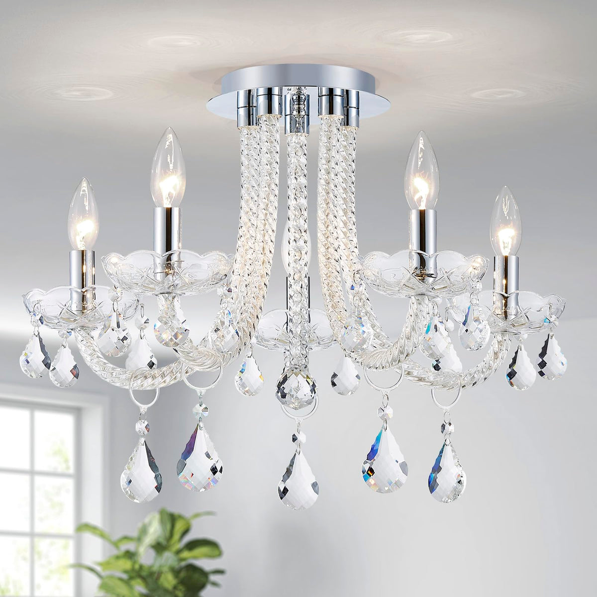 GlowEasely French K9 Crystal Maria Theresa Candle Chandelier, Luxury Vintage Pendant Light Fixture for Dining Room, Living Room, 5 Lights, D22.4*H15.7 inch, Clear Crystal & Chrome Finish Frame