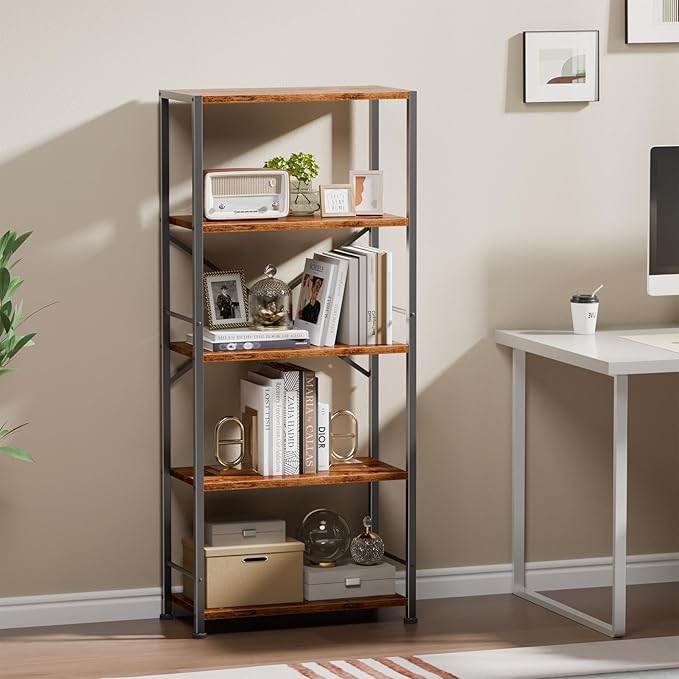 Furologee 5 Tier Book Shelf, Tall Wide Bookshelf, Industrial Open Bookcase