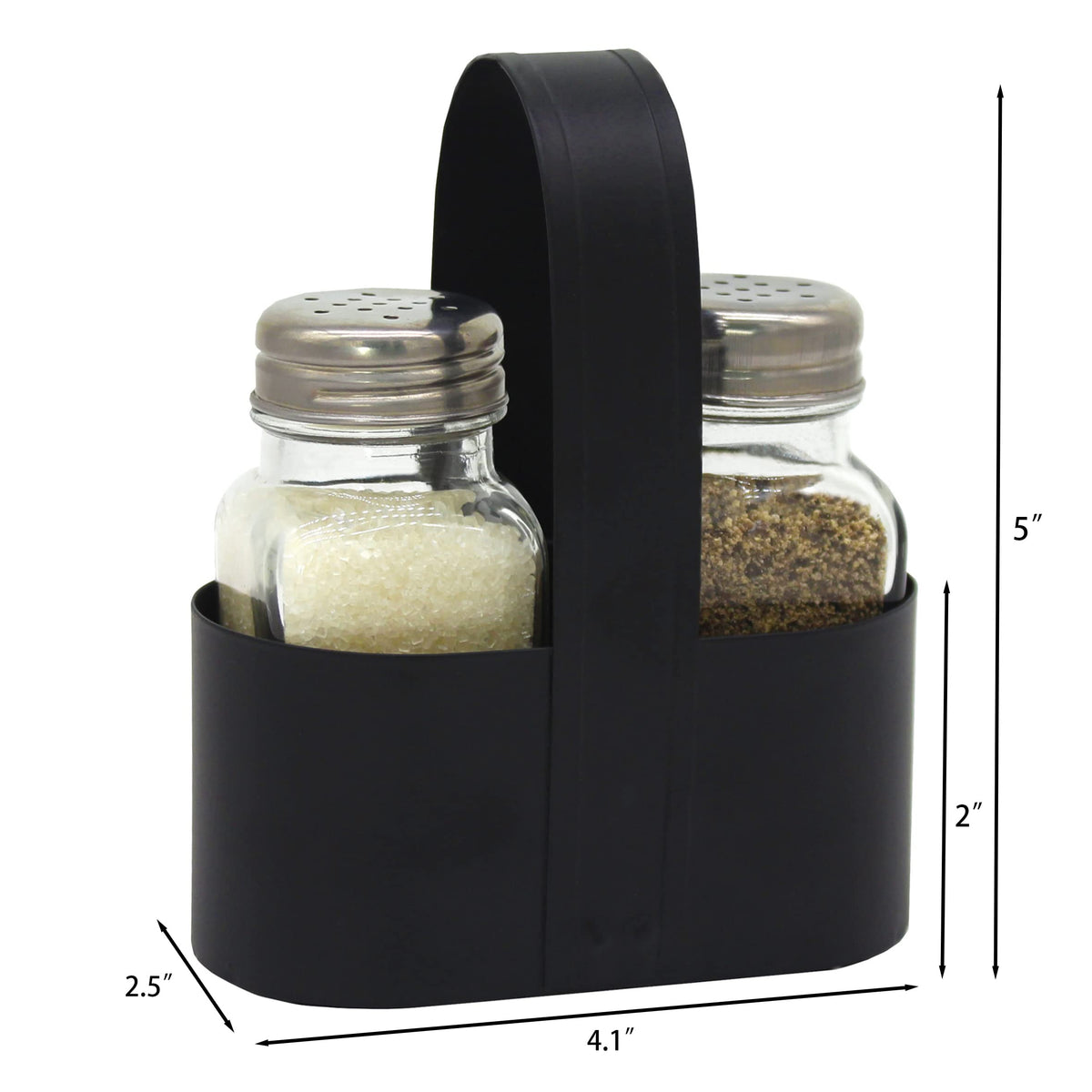 CVHOMEDECO. Salt and Pepper Shakers Set with Black Galvanized Caddy, Rustic Farmhouse Glass Salt and Pepper Shaker Dispensers, Black Metal Holder with Padded Feet, for Home Kitchen Table Decor. Oval