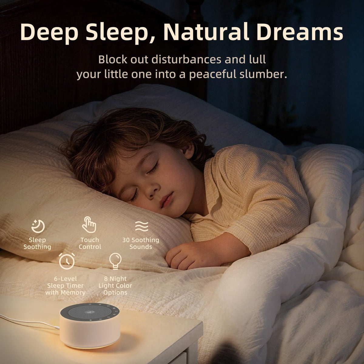 Kipcush White Noise Machine for Baby & Adults, 30 Soothing Sounds, Soft Non-Glare Nursery Lamp, 8 Color Night Lights, Memory Function (Angel V1 White, Standard)