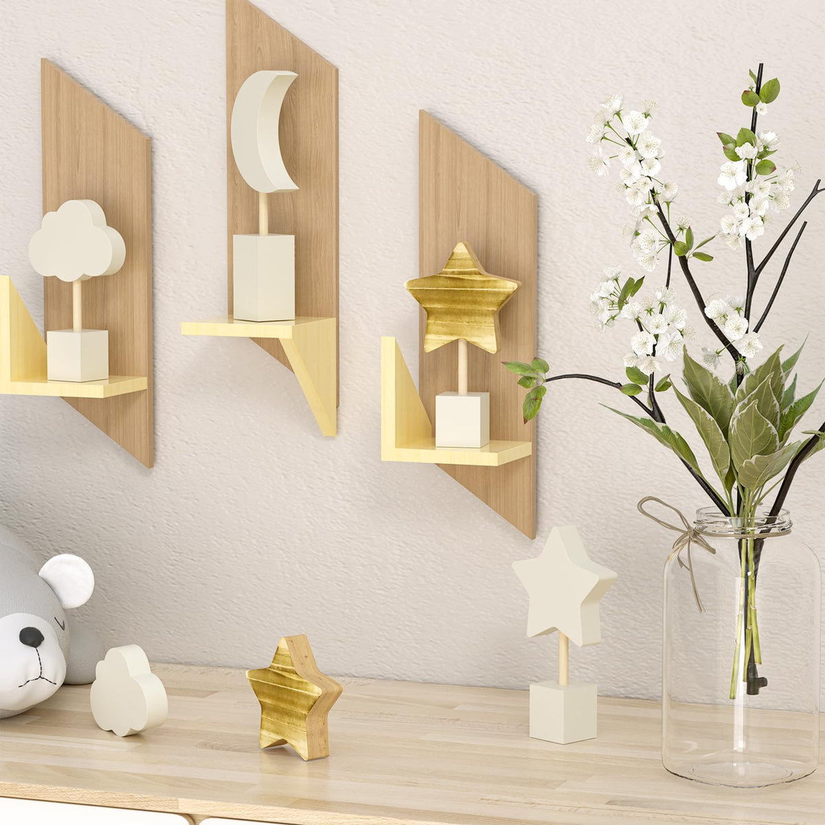 4 Pcs Wooden Moon and Stars Nursery Decor Boho Sky Cloud Nursery Shelf Decor Cute Children Baby Wall Decor for Nurseries Bedroom Kindergarten Classroom Playroom