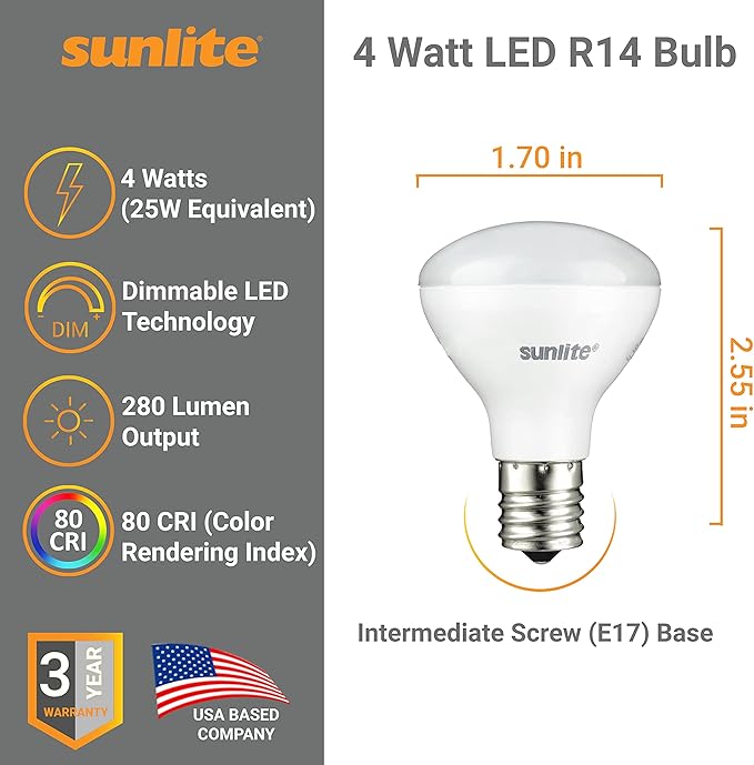 Sunlite LED R14 Mini Flood Light Bulbs, 4 Watts, 280 Lumens, Intermediate Base