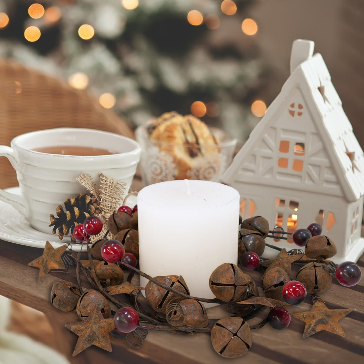 Winlyn 4 Pcs Christmas Jingle Bells Candle Rings Rusty Bells and Stars Wreaths Burgundy Berries 4.1" Center Mini Decorative Wreaths for Primitive Farmhouse Holiday Home Table Decoration Centerpiece