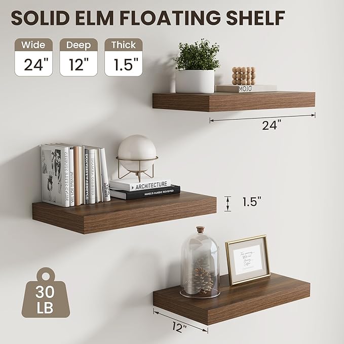 Dreamland Floating Shelves 24inch, 2 Pack Rustic Wooden Wall Shelves, Wall
