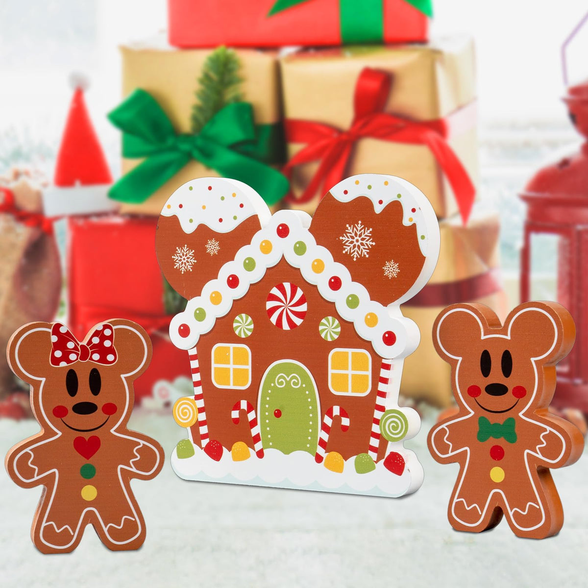 AMUHUA Gingerbread Christmas Table Decoration Set - 3pcs Wooden Gingerbread Mouse Centerpieces Table Decorations for Home Desk Shelf Xmas Party Decor Supplies