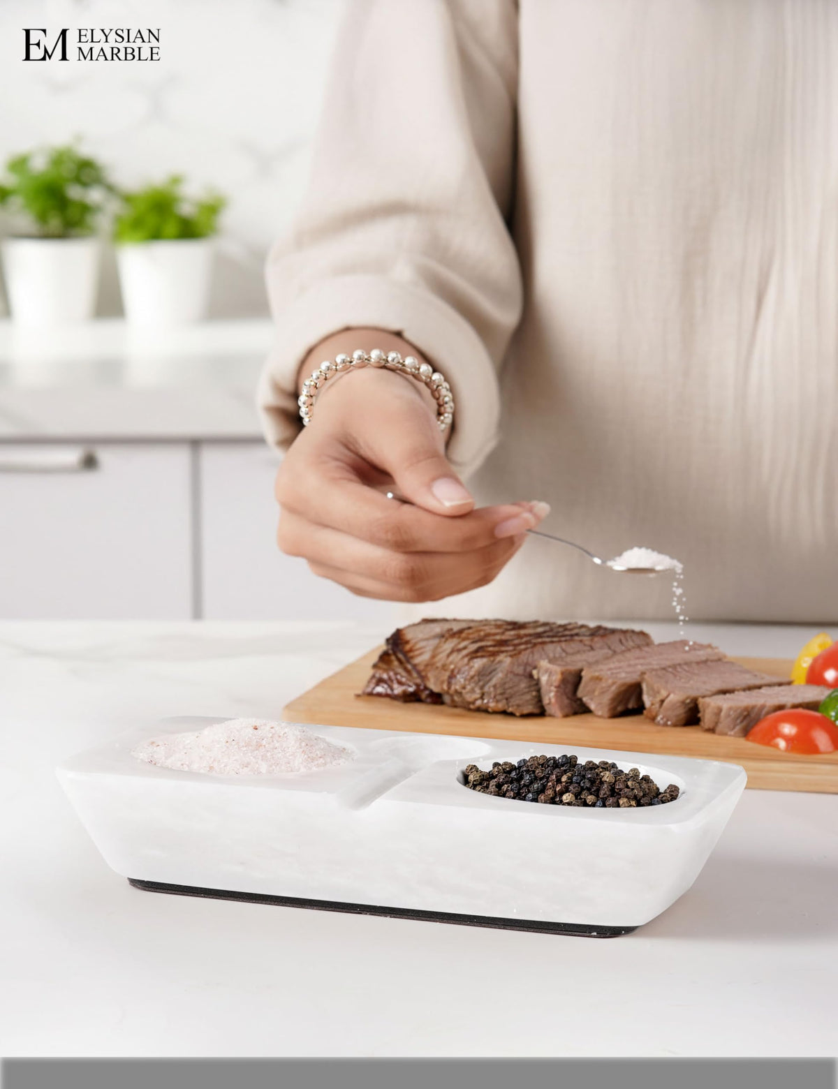 Marble Salt and Pepper Dish with Spoon, Handcrafted Double Spice Tray with 2 Compartments, Natural Stone Condiment Dish for Cooking Prep and Serving - White