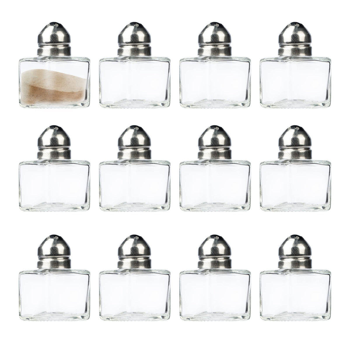 Set of 12 Mini Salt & Pepper Shakers,Spices Seasonings Jar Transparent Stainless Steel Top Glass Jars Party Supplies (Square)