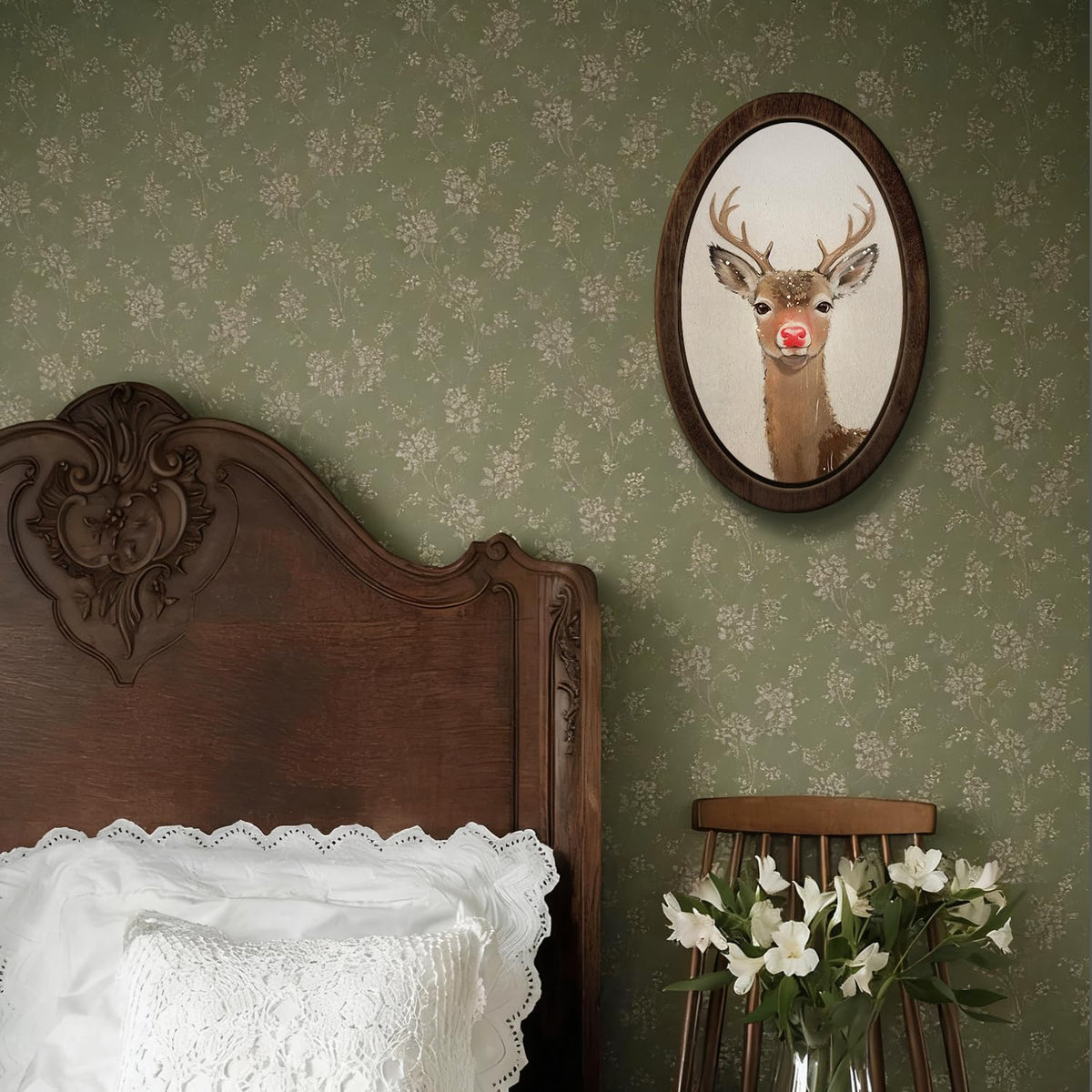 YZSLA Red Nose Reindeer Christmas Deer Framed Wall Art Decor, Christmas Home Room Decor, Rustic Winter Xmas Red Deer Holiday Wooden Oval Wall Decorations for Home Bedroom Living Room, 15.74x10.23