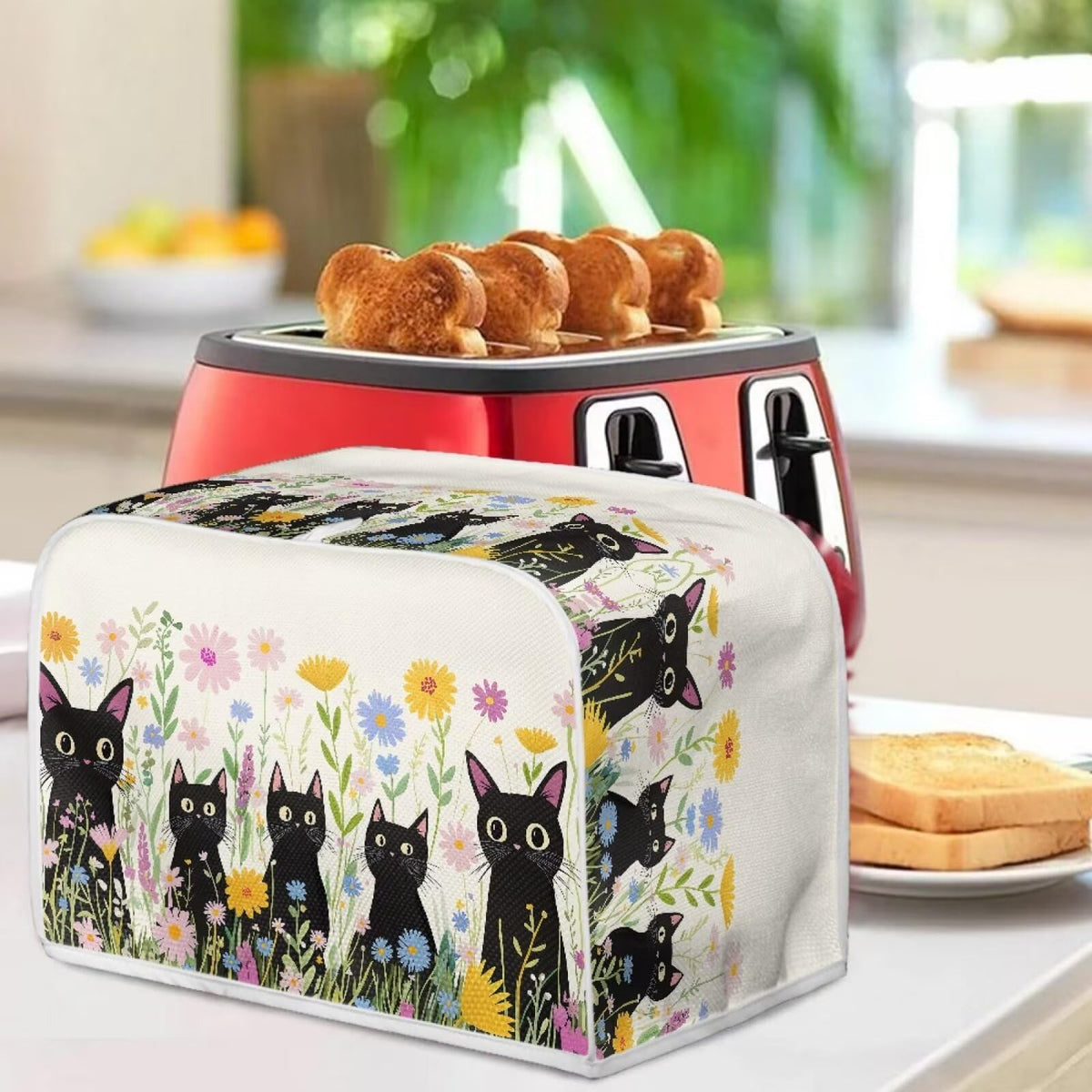 ASQVTIFE Cute Black Cat Toaster Cover 4 Slice Wide Slot Toaster Oven Covers for Kitchen Counter Black Cat Kitchen Bakeware Protector Fits for Most Standard 4 Slice Toasters