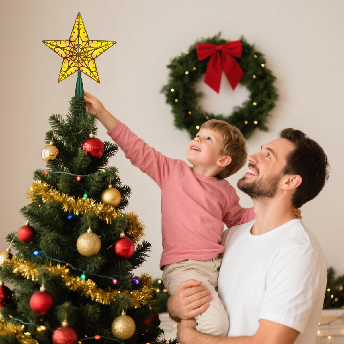 Christmas Star Tree Topper, Gold Glittered 3D Star Tree Topper, with Warm White LED Lights String Lights for Indoor Office Christmas New Year Holiday Tree Decoration