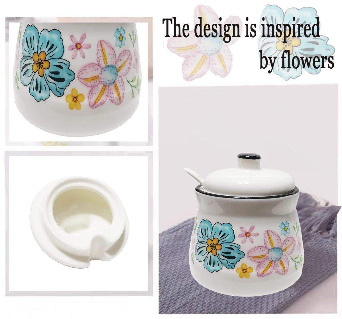 MaoYaMao Ceramic Sugar Bowl with Lid and Spoon Sugar Container Sugar Holder for Coffee Bar,Home and Kitchen 12oz