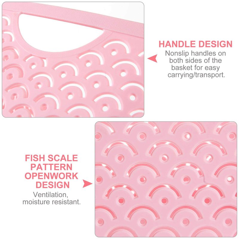 STARVAST 5 Pack Plastic Storage Baskets, Portable Pink Fish Scale Pattern Hollow Desktop Storage Bin Box with Handle for Kitchen, Bathroom, Kids Room or Nursery Storage – 9.4 x 7.1 x 4.1 inches