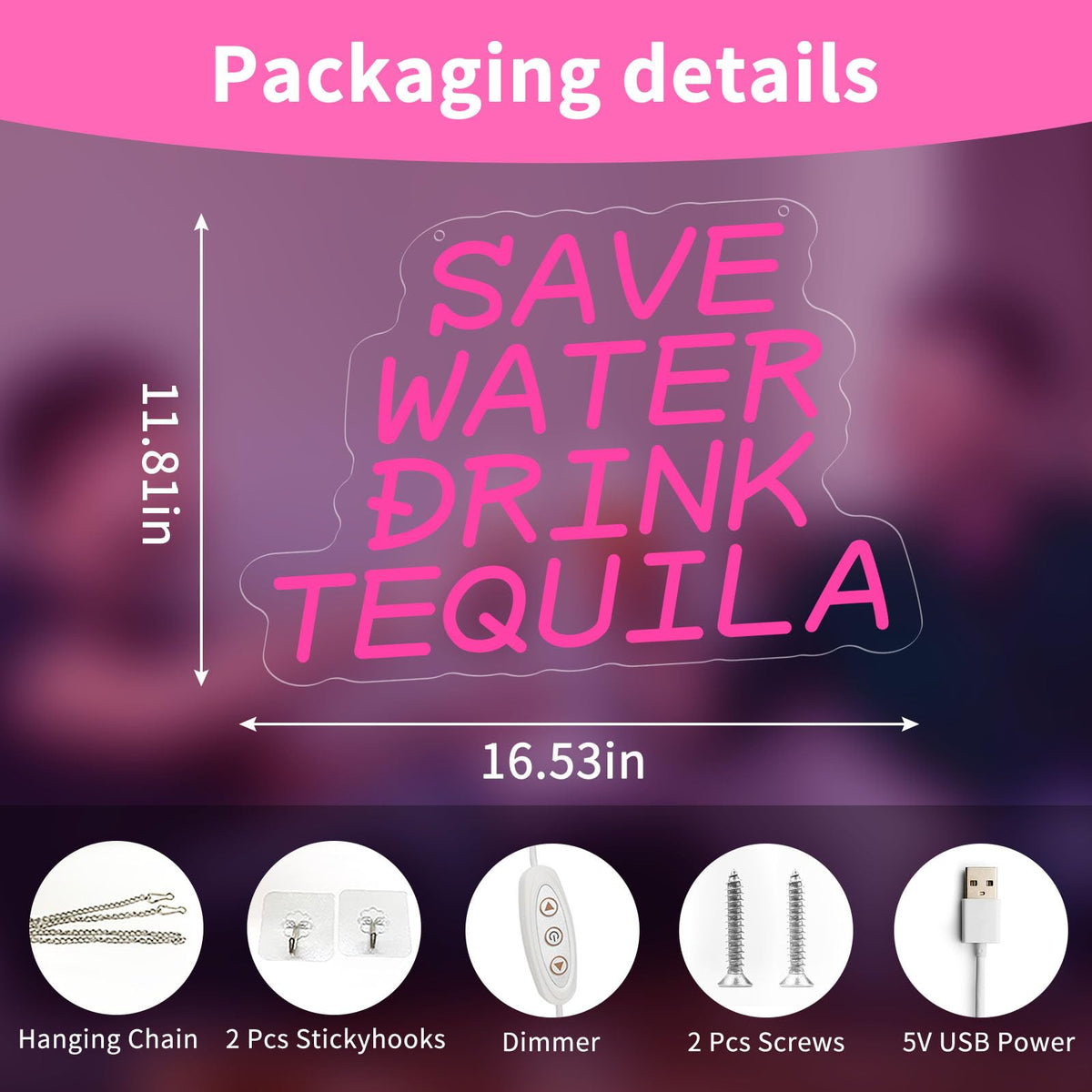 Neon Sign, Save Water Drink Tequila LED Neon Light for Wall Decor, USB Neon Bar Sign for Party Club Restaurant, Bedroom Wall Decor 16.54 x 11.81", Acrylic Material