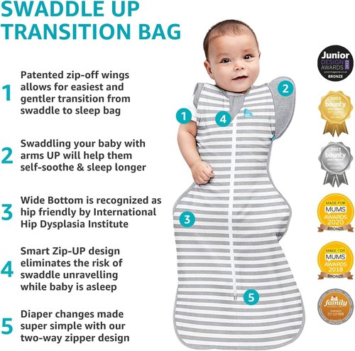 Love to Dream Swaddle UP Transition Bag Warm - Patented Zip-Off Wings, Gently Help Baby Safely Transition from Being Swaddled to Arms Free - Medium 13-19 lbs, Gray