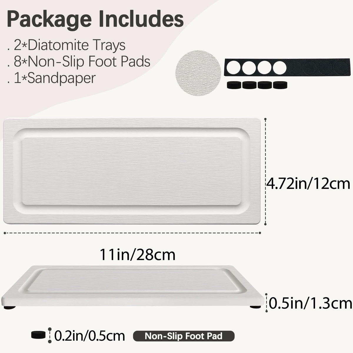 2 PCS Fast-Drying Stone Trays for Bathroom Sink & Kitchen Counter, Water Absorbing Diatomite Sink Coasters, Vanity Tray, Hand Soap Holder with Anti-Skid Pads (11" x 4.7" White)