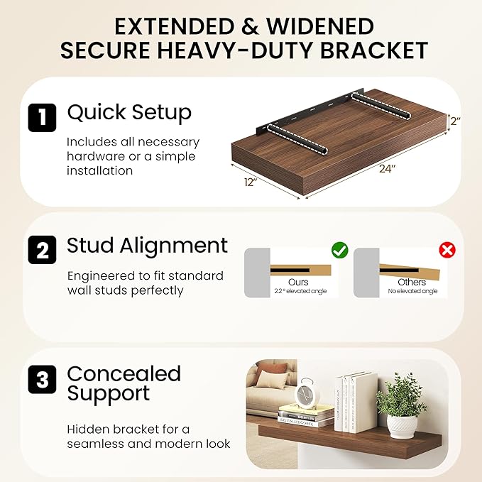 40Inch Walnut Floating Shelves for Wall, 12 Inch Deep Shelves for Bedroom