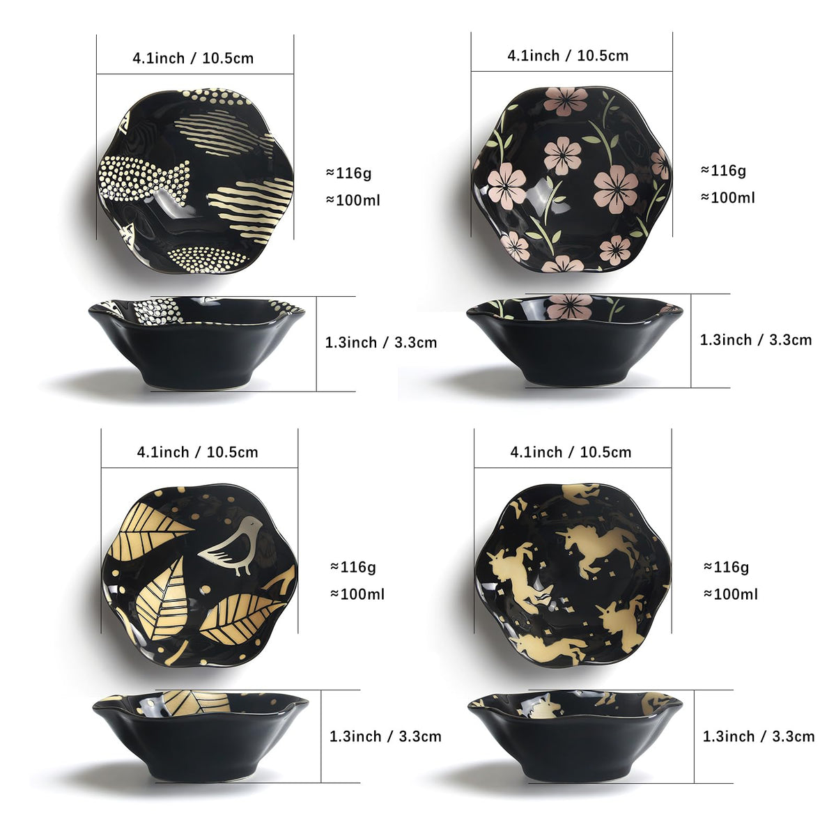 AYFDISHS 4 Inch Ceramic Dipping Bowls, Side Dishes Soy Sauce Dishes Chinese/Japanese Serving Dishes for Sushi Appetizer Plates for Kitchen Home, Set of 4