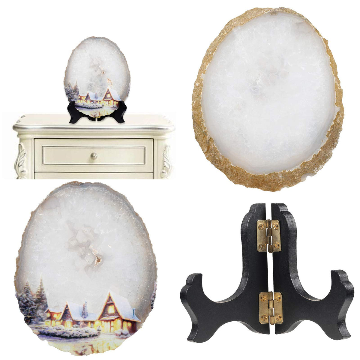 mookaitedecor Natural Agate Slice Art Print Village Life Figure Table Display with Wooden Stand, Irregular Agate Geode Stone Figurine for Office & Home Decoration