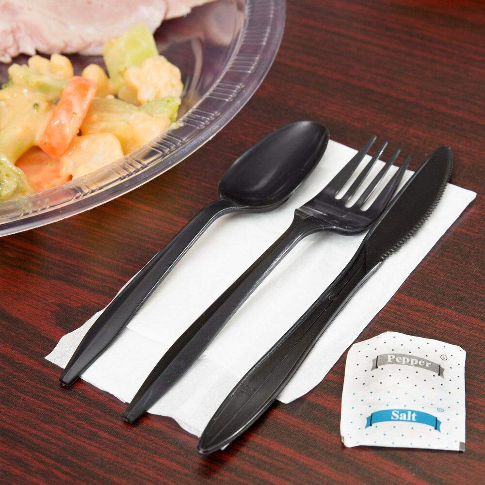 100 Plastic Cutlery Packets - Knife Fork Spoon Napkin Salt Pepper Sets | Black Silverware Sets Individually Wrapped Cutlery Kits, Bulk Plastic Utensil Cutlery Set Disposable To Go Silverware