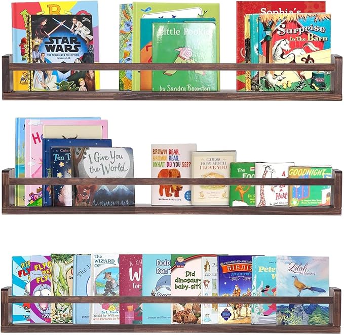 AZSKY Nursery Book Shelves Deep Walnut Wall Mount Floating Book Shelf