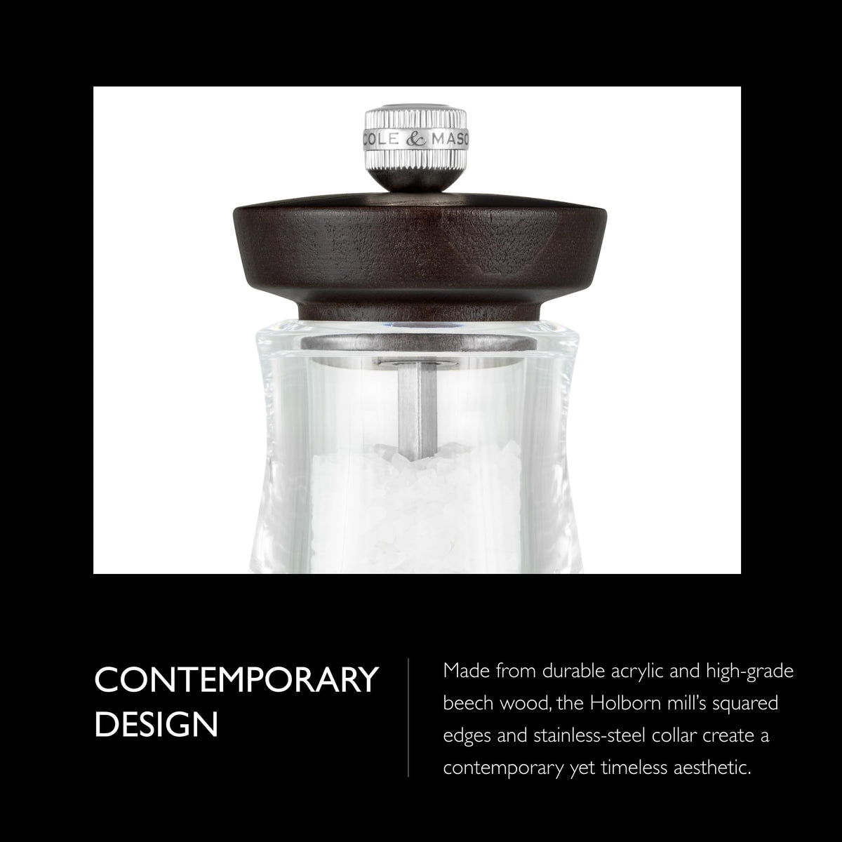 Cole & Mason Holborn Acrylic Salt Mill - Compact Hand Grinder - Acrylic Kitchen Tool with Adjustable Grind Setting - Easy-to-Clean Grinder with Premium Design - Chocolate Salt Mill, 3.75"