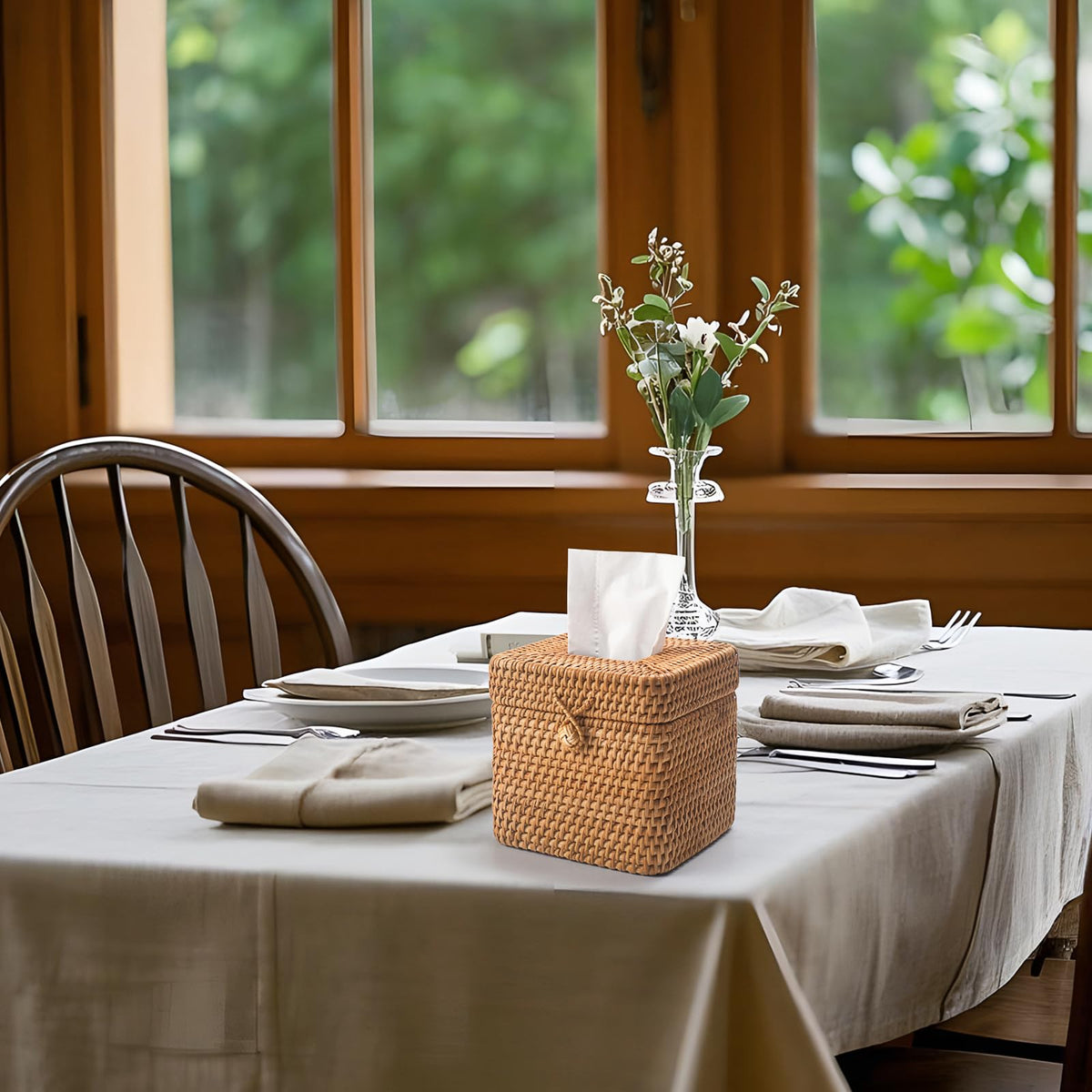 Rattan Tissue Box Cover Square, Wicker Tissue Box Holder with Lid, Natural Woven Facial Tissue Holder for Bathroom, Kitchen, Living Room (Natural)
