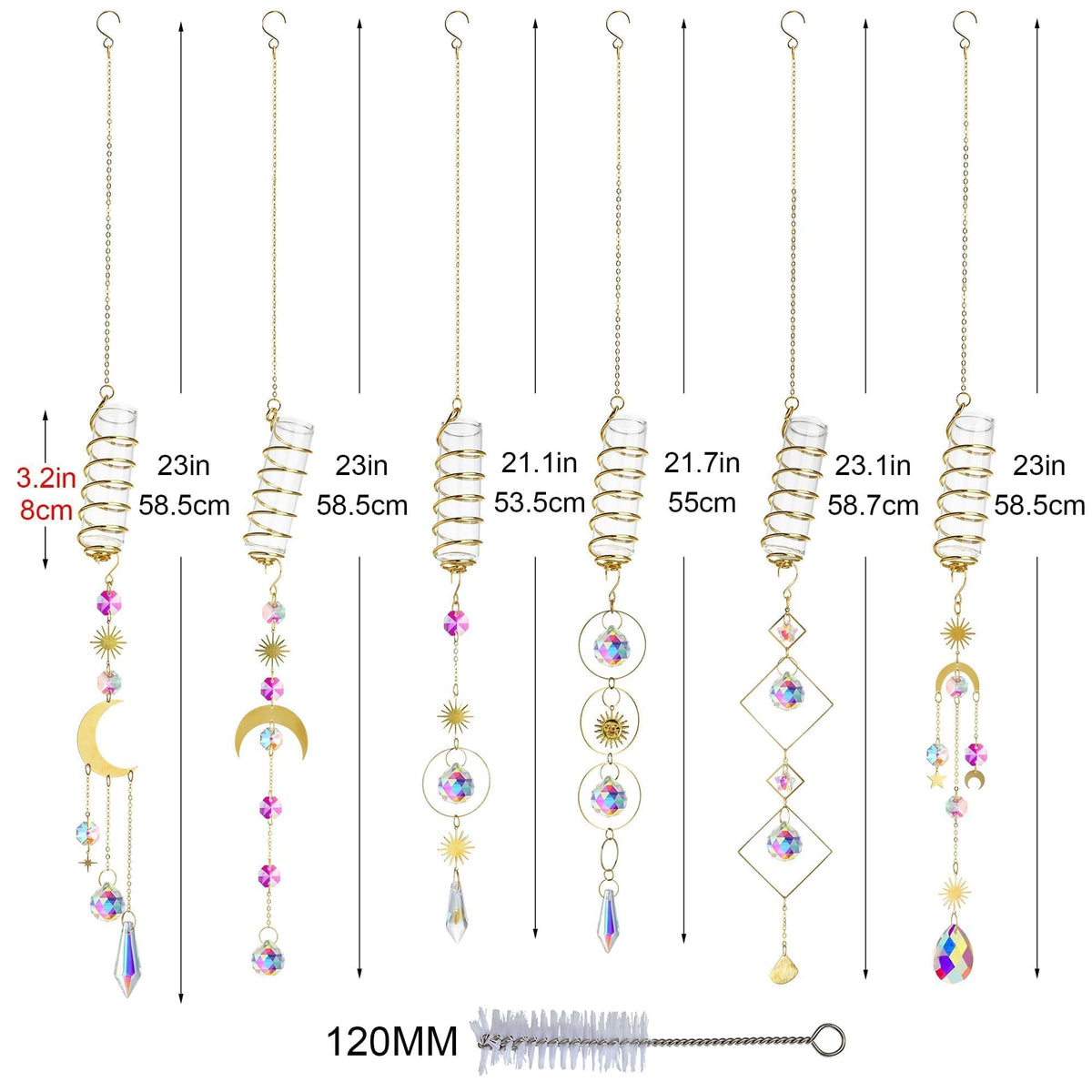 HDCRYSTALGIFTS 6Pcs Crystal Suncatchers with Propagation Stations,Glass Wall Planters for Indoor Plants Hydroponics - Propagation Tubes Jars with Sun Catchers Metal Chain for Home Whimsical Decor