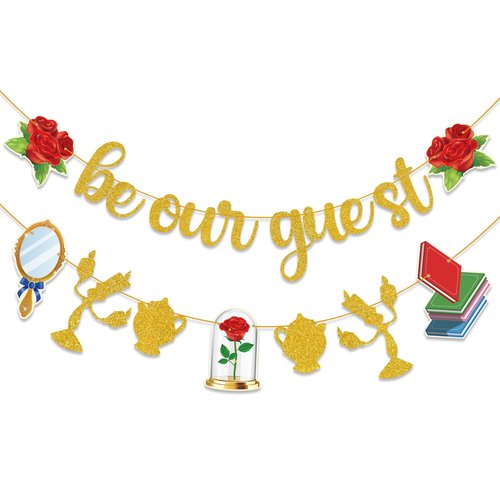 Gold Be Our Guest Banner, Glitter Cartoon Princess Birthday banner Cartoon Theme Party Banner Baby Shower Birthday Party Decorations For Girls Boys