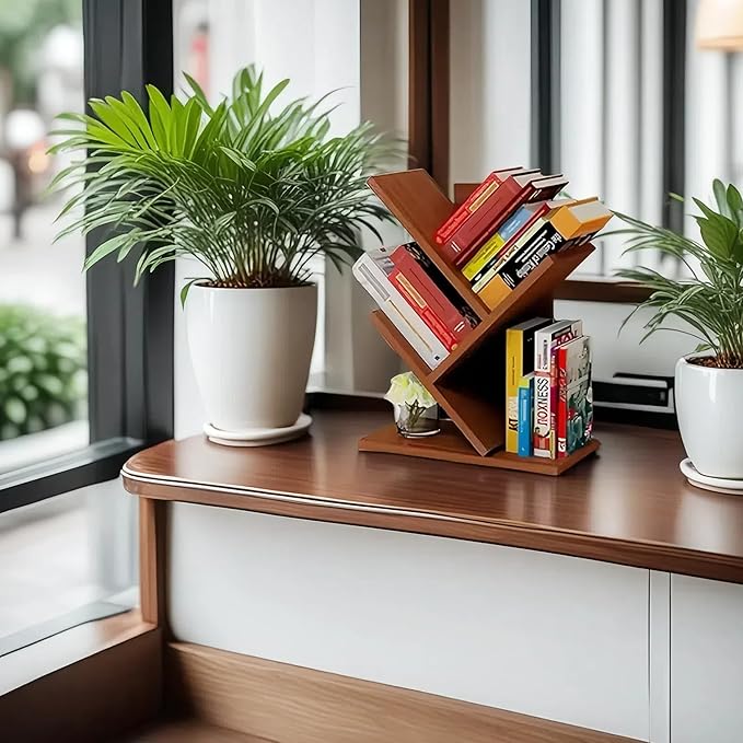 Godferyxin Tree Bookshelf, Small Bookshelf, 3 Tier Wood Mini Book Shelf and