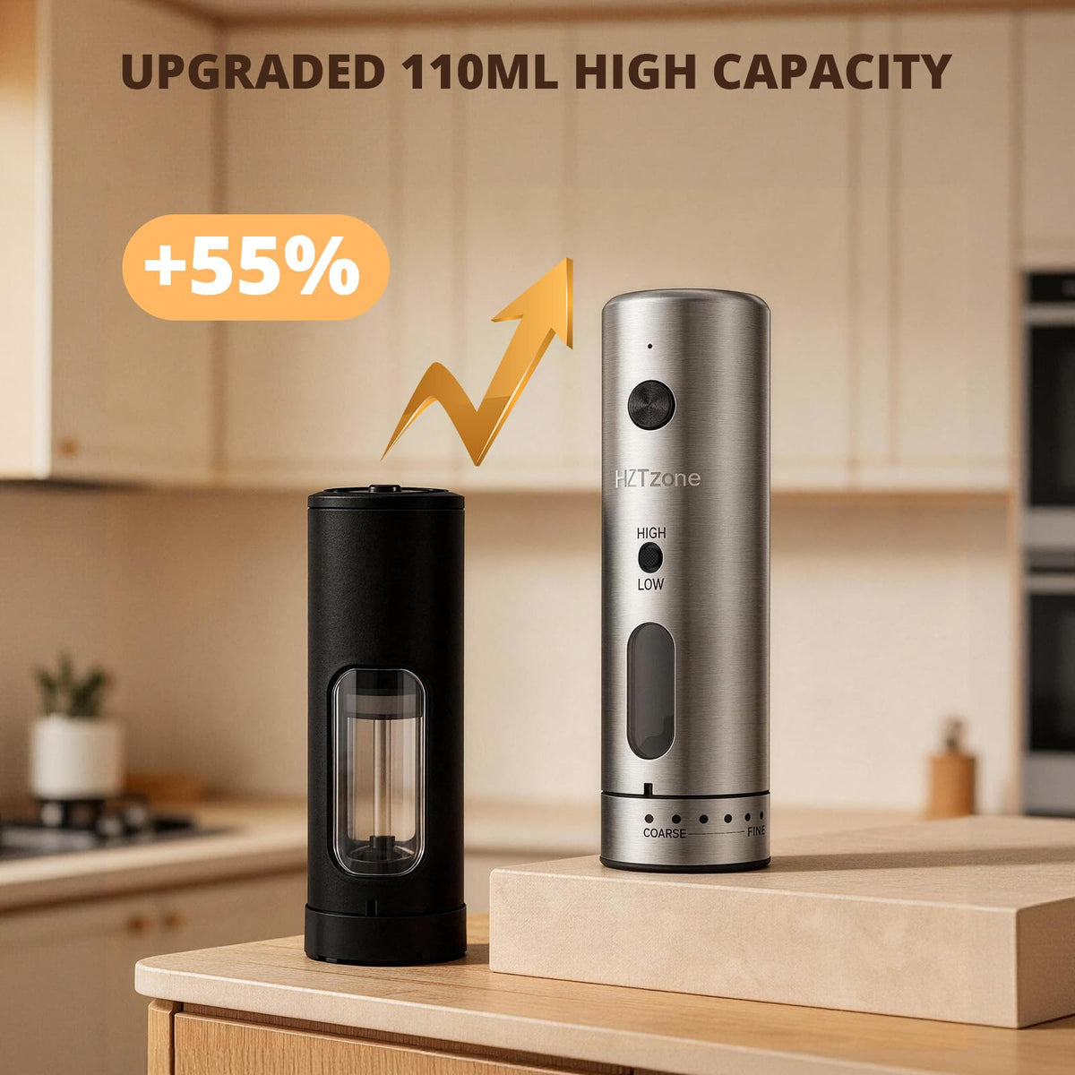 Electric Salt and Pepper Grinder Set with Charging Base, Rechargeable, 6 Coarseness Levels, 2 Speeds, LED Light, One-Touch Operation, Arthritis Friendly, Rust-Free Ceramic Core, Dust Caps, 2 Grinders