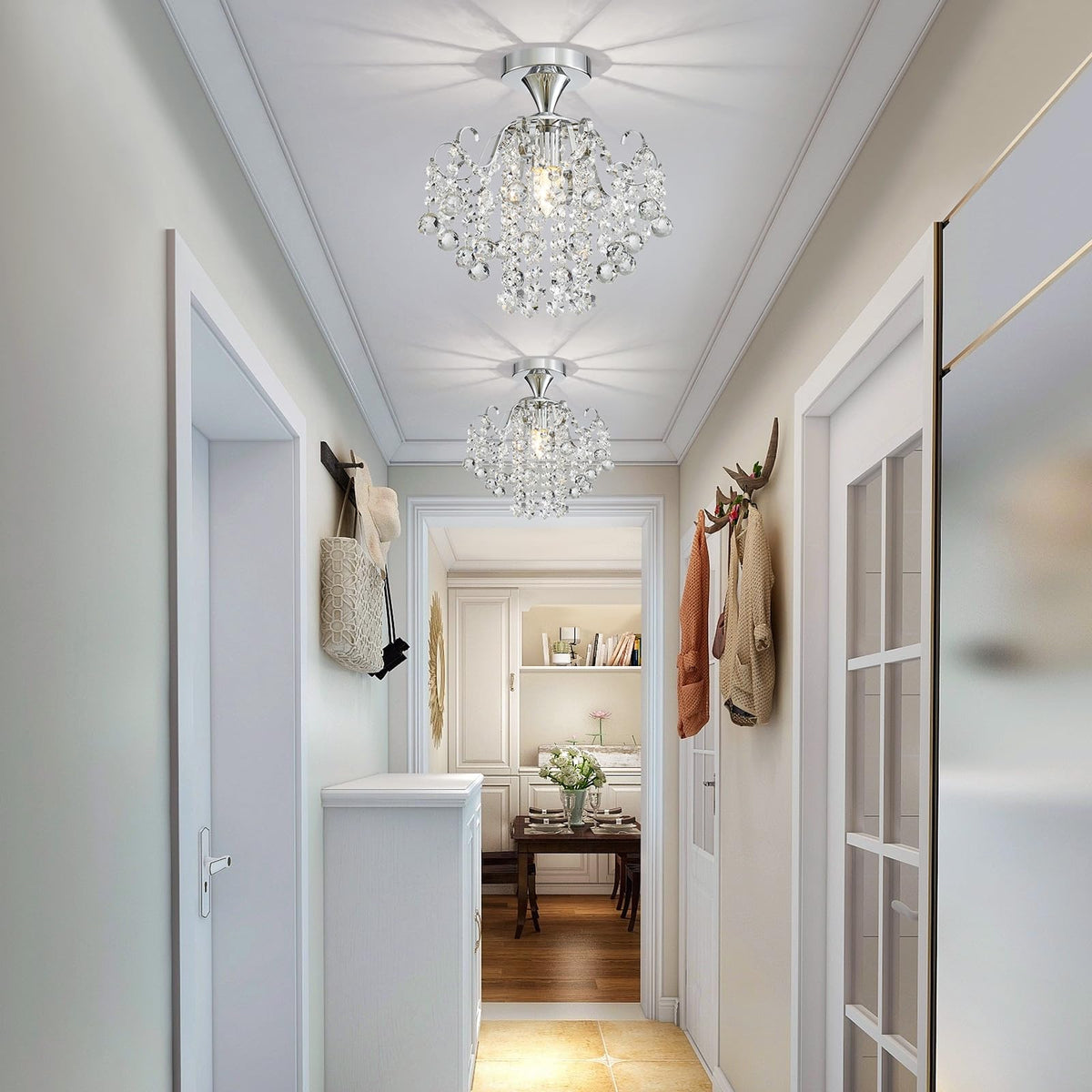 WUZUPS Crystal Chandelier Flushmount Ceiling Light Modern Lighting Fixture for Bedroom Hallway Bar Kitchen Bathroom, H 13.4" x W 12.6", E26 Base, Chrome