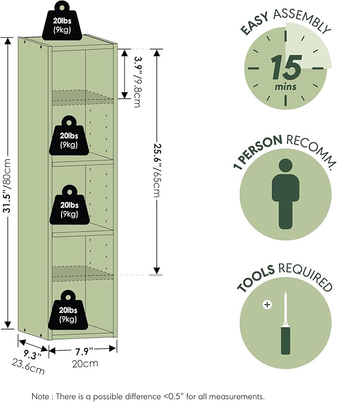 Furinno Fulda Book Shelf, 3-Tier Narrow Bookshelf, Bookcase