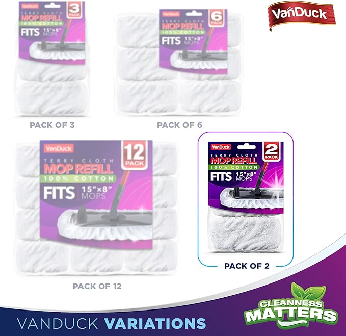 VanDuck 100% Cotton Pad Terry Cloth Mop Refills 15x8 inches, 2 Pack