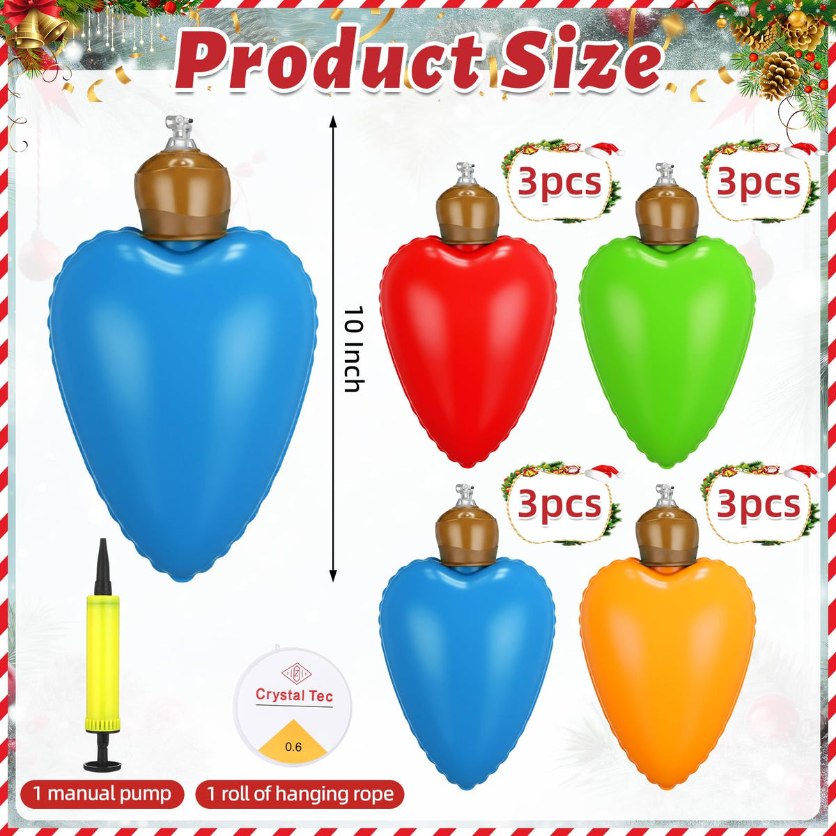 Vertintong 12 Pcs 10 Inch Inflatable Christmas Light Bulbs Ornaments Inflatable Christmas Ball Decorations Xmas Large Blow up Light Bulb Outdoor Indoor for Yard Lawn Tree Hanging Porch Garden Home