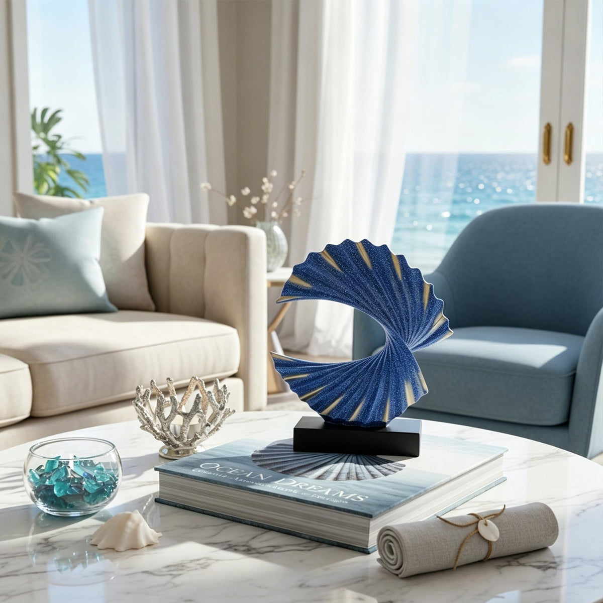 GAOSHENG Blue Gold Wave Sculpture, Modern Ocean Wave Home Accents, Resin Art Statue for Shelf, Coffee Table, TV Stand Adornos Modernos