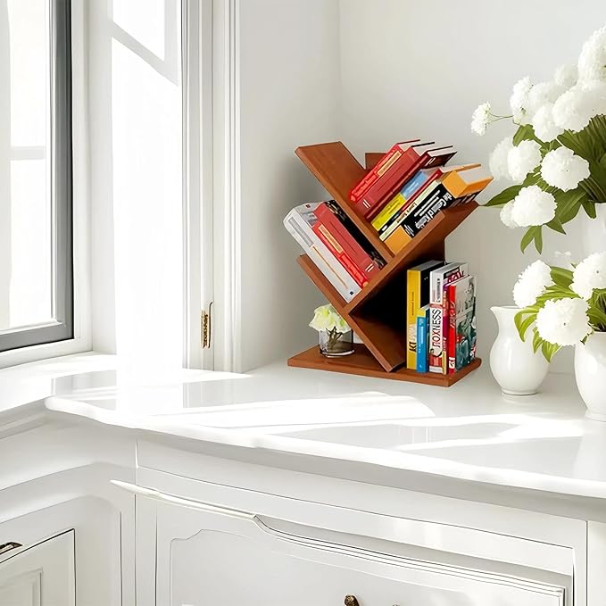 Godferyxin Tree Bookshelf, Small Bookshelf, 3 Tier Wood Mini Book Shelf and