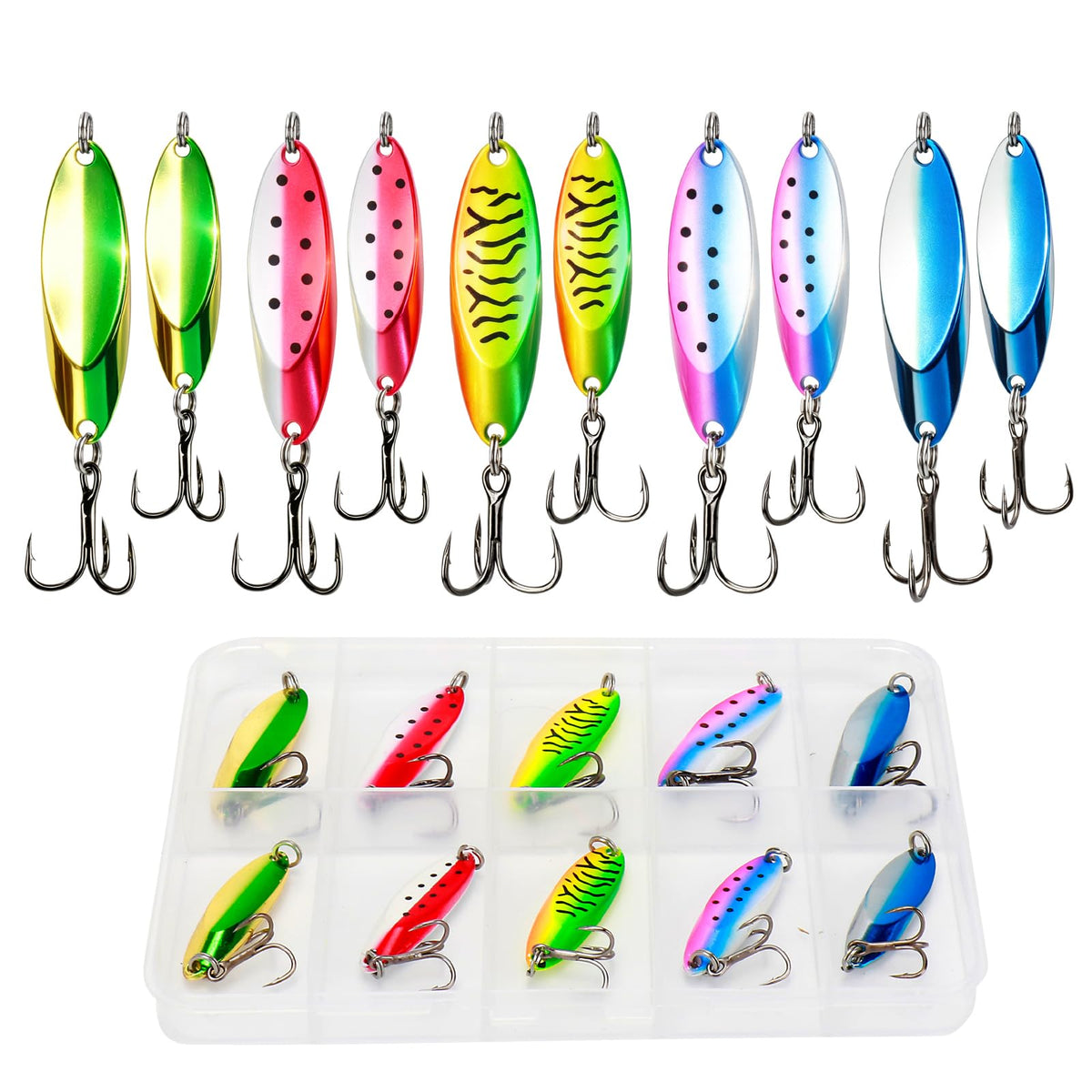Fableblis 10pcs Fishing Spoons Lures Kits, Trout Saltwater Fishing Lures, 2 Size Casting Metal Spoon with High Flash, Heavy Duty Jigs Lures for Trout Walleye Bass Pike Crappie