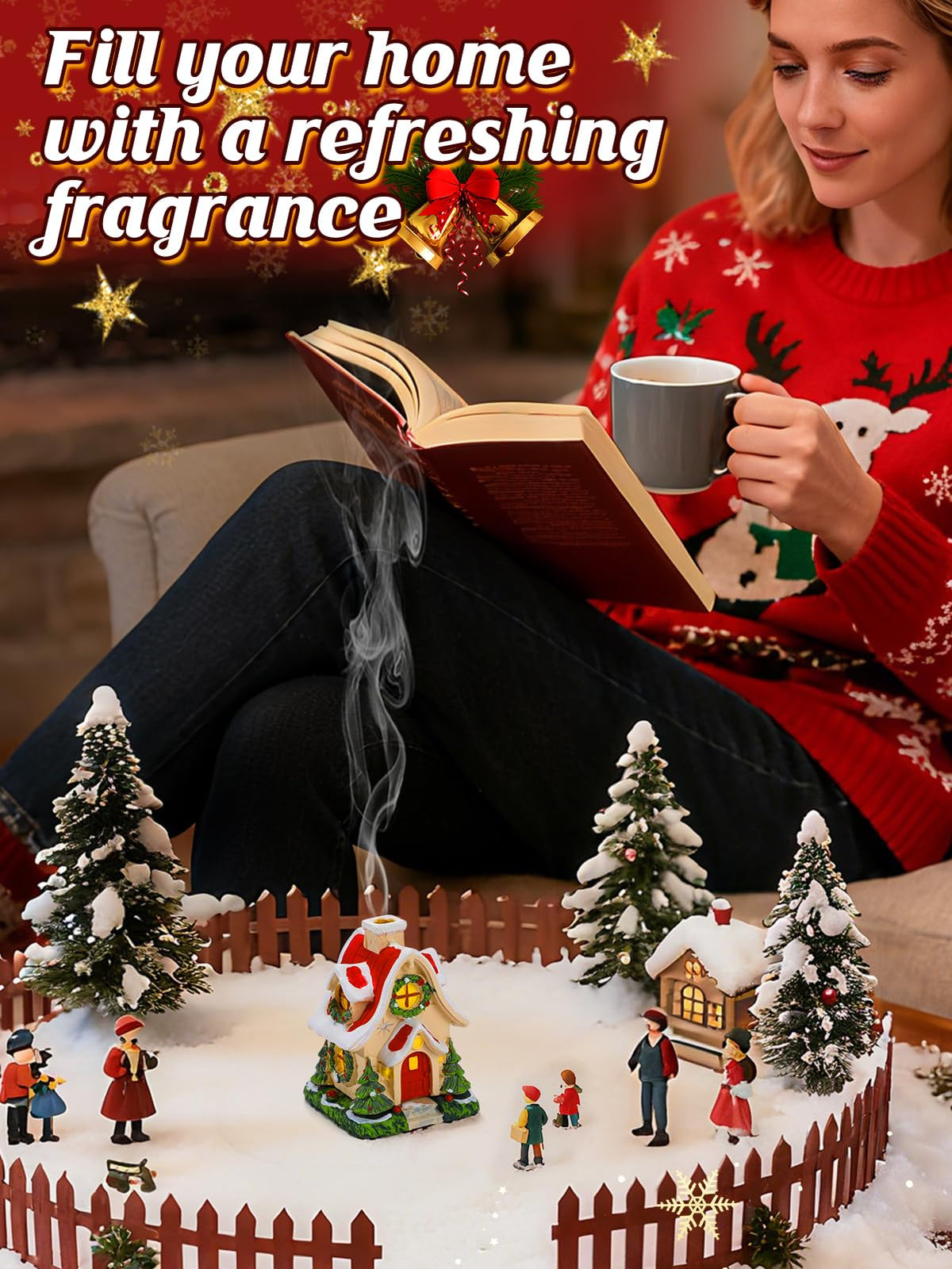 Christmas Log Cabin Incense Burner - Gift for Mom Wife Her Women, Christmas Village House Incense Holder with 2 Incense Cones for Home Decorations, Red