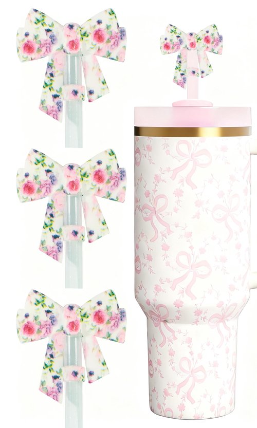 Amreich 3PCs 3D Bow Straw Toppers - Floral Printed Silicone Straw Cover Caps for 10mm Straws, Reusable Tumbler Accessories for Stanley Cup Cute Gifts for Her Valentines Christmas