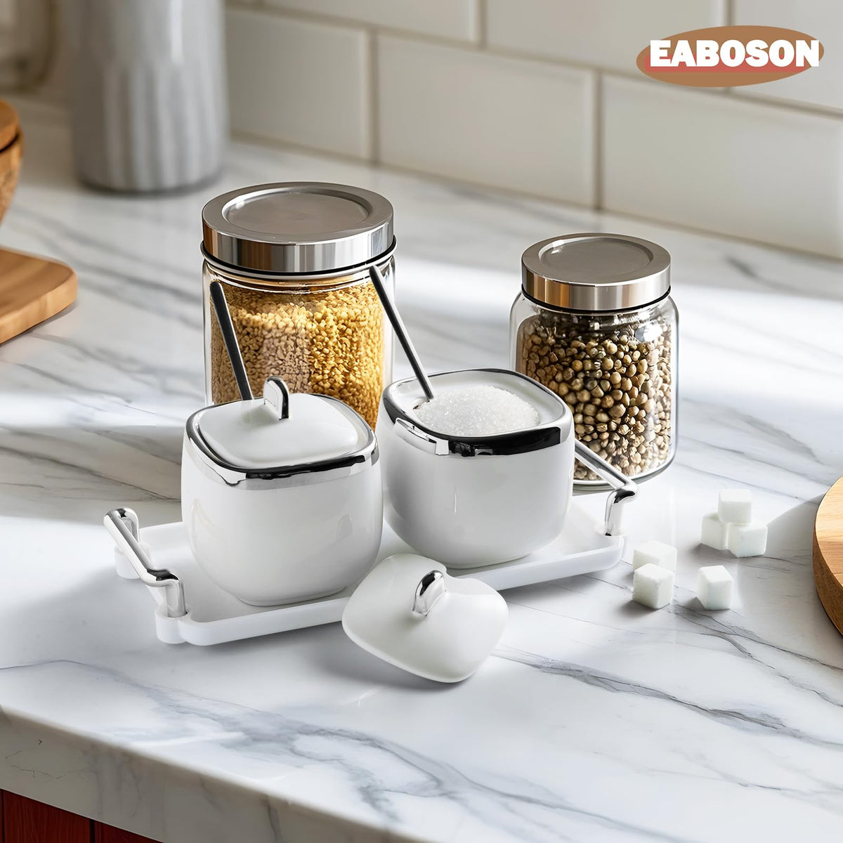 EABOSON Ceramic Sugar Bowl 2 Pack, Porcelain Seasoning Jar with Tray, Spoon and Lid for Sugar, Pepper, Coffee, Spice, Salt (silver)
